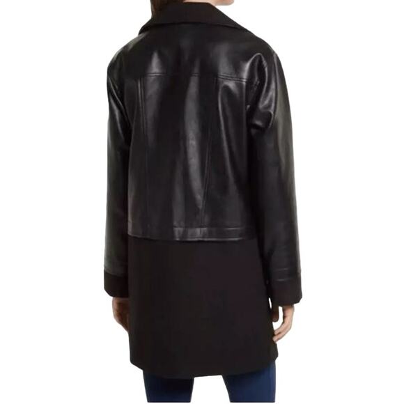 HALOGEN NEW $149 Asymmetric Zip‎ Mix Media Faux Leather Midi Coat Black Small - Picture 2 of 7